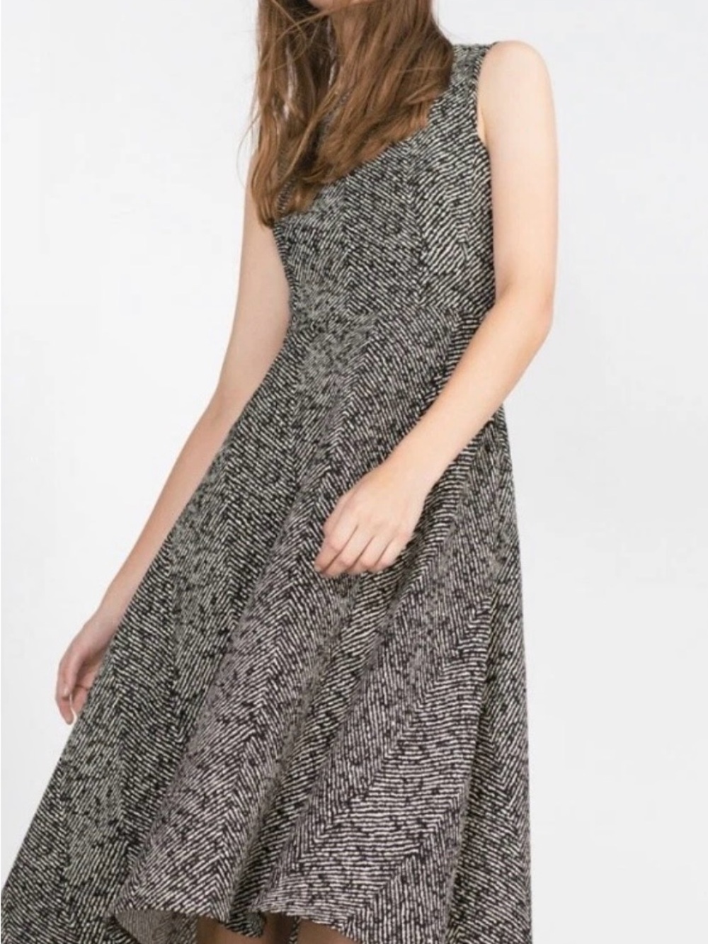 ZARA Herringbone Fit And Flare Sleeveless Midi Dress Black Off White M EUC